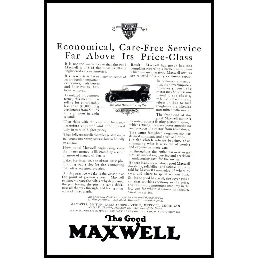 1924 Maxwell Touring Car Vintage Print Ad Antique Car Motor Sales Wall Art
